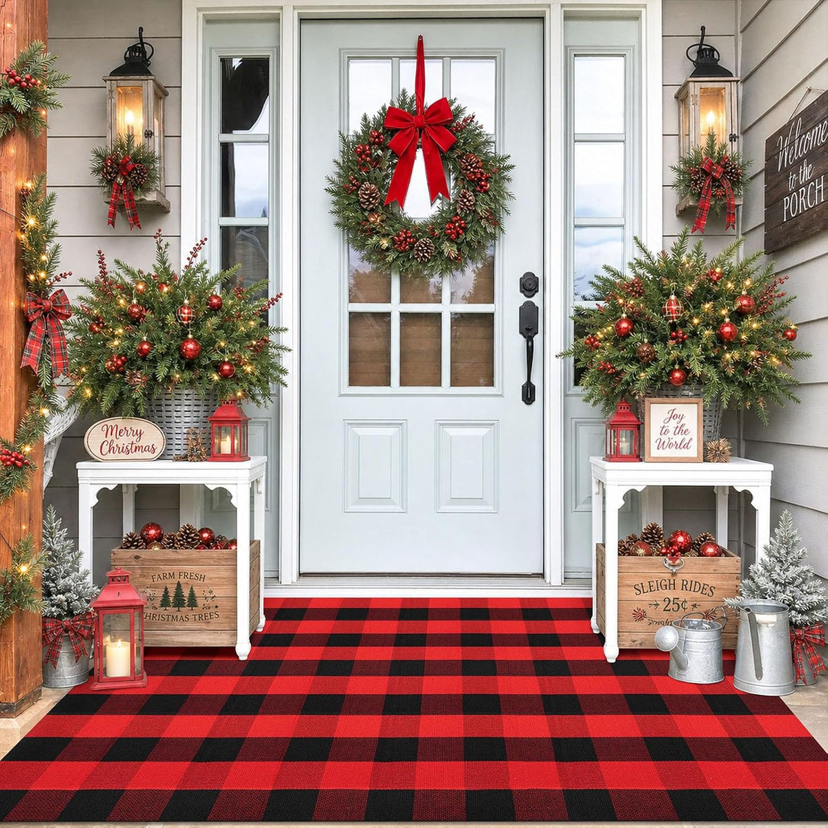 IOHOUZE Christmas Buffalo Plaid Outdoor Rug 4x6, Washable, Red Black