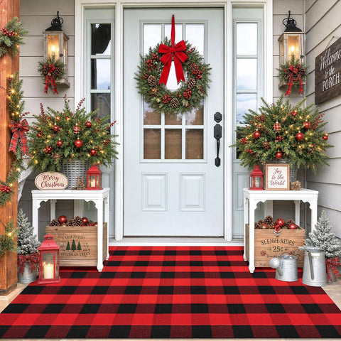 IOHOUZE Christmas Buffalo Plaid Outdoor Rug 4x6, Washable, Red Black