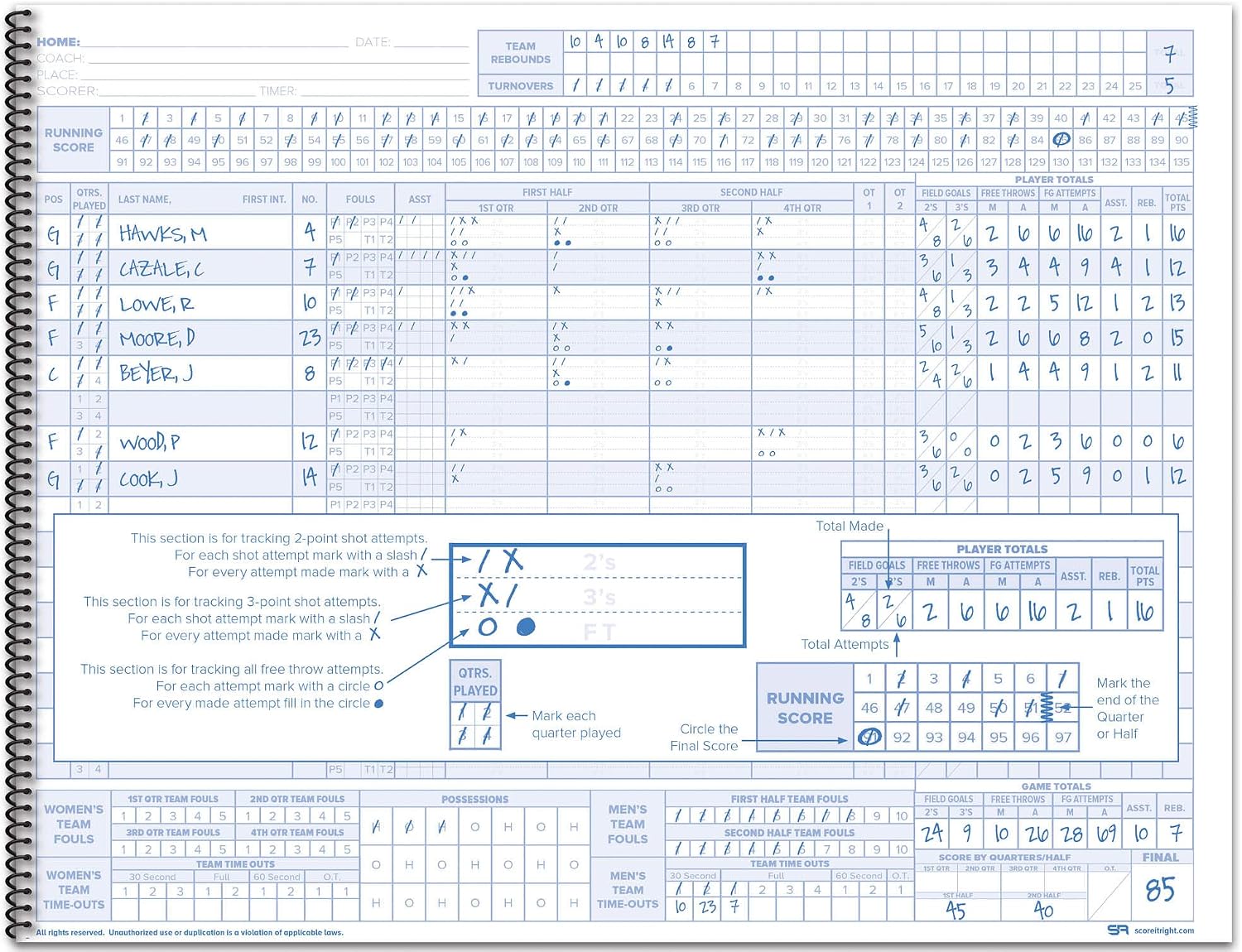 Score It Right Basketball Scorebook – 16-Player Men’s and Women’s Basketball Score Keeping Book – Basketball Game Score Book for Individual and Team Stats – 9.25 x 12-inch Hardcover Book