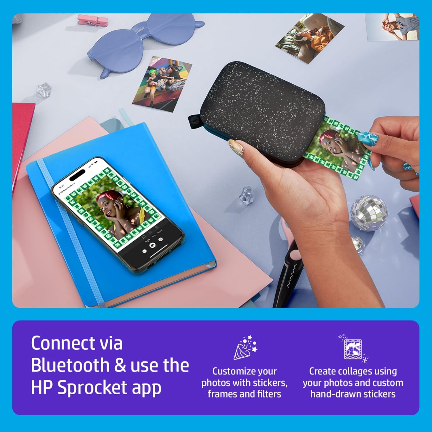 HP Sprocket Portable 2x3 Inch Instant Photo Printer (Black Noir) Print Pictures on Zink Sticky-Backed Paper From Your iOS & Android Device