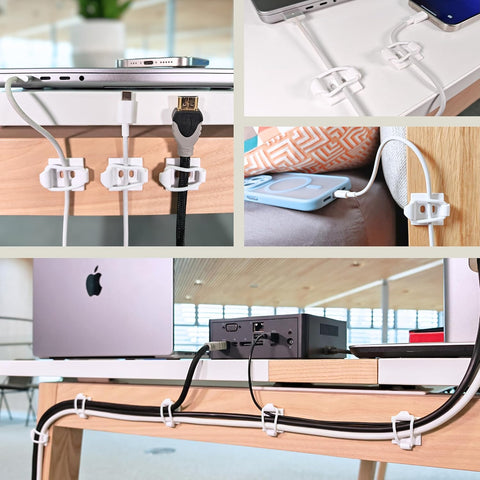 [Made in the UK] 10-Pack Adjustable Elastic Adhesive Cable Clips, Wire Management Holder, Cord Organizer for Home Office, Under Desk, Behind TV, Phone Charger, Laptop, PC, HDMI, USB (White)
