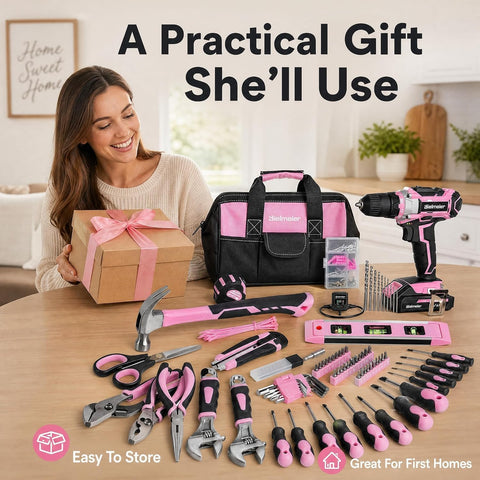 Bielmeier 20V 236Pcs Cordless Pink Drill Set for Women, Home Tool Kit