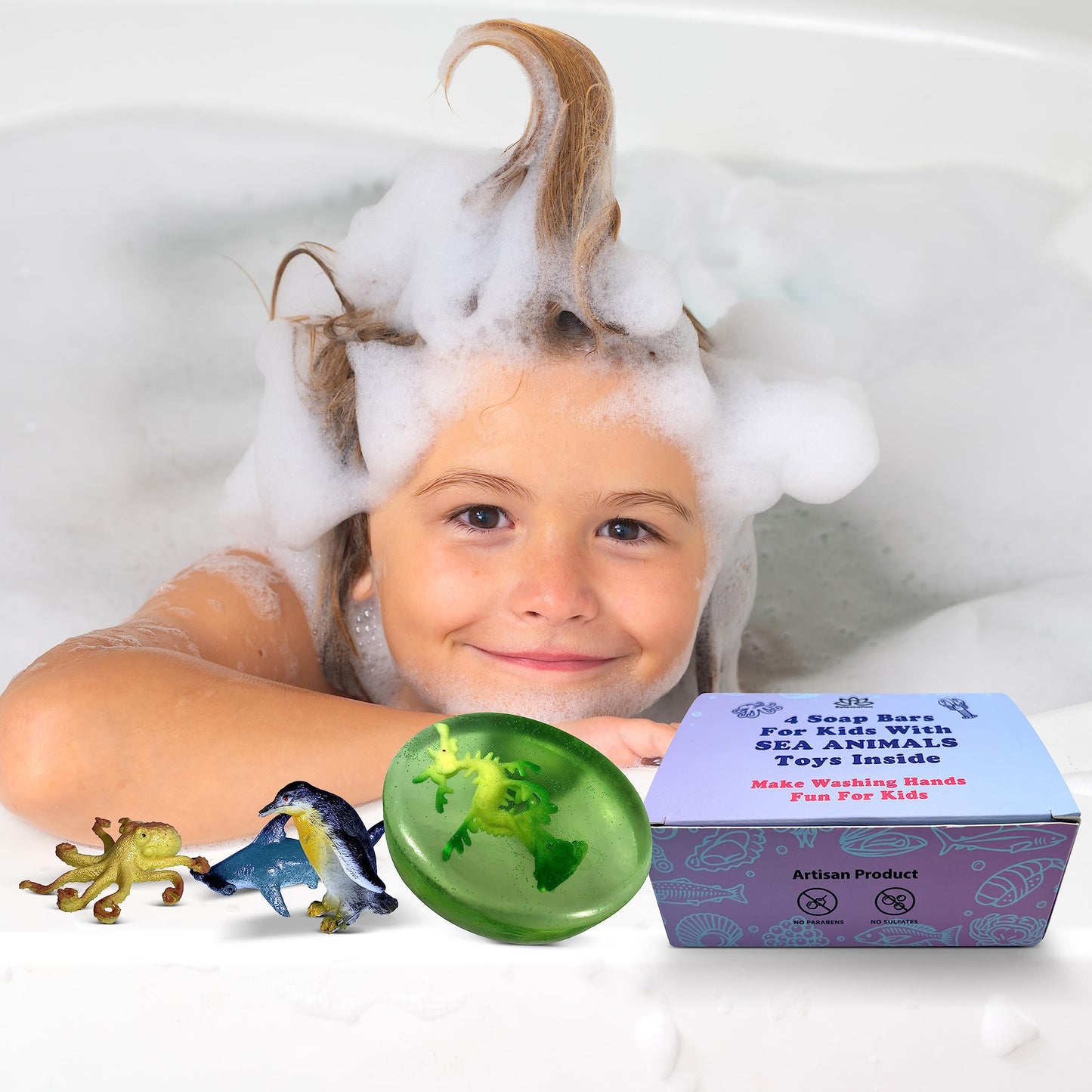 4 Natural Kids Soap Bars For Kids with SEA ANIMALS TOYS Inside for Hand, Face, and Body Wash - Natural Soaps with Surprise Packed in a Gift Box