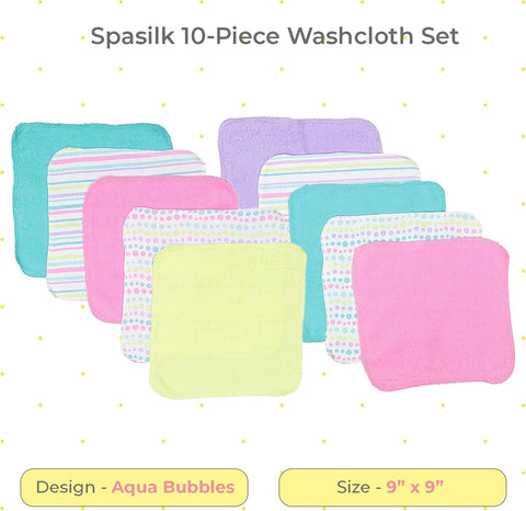 Spasilk Washcloth Wipes Set for Newborn Boys and Girls, Soft Terry Washcloth Set, Pack of 10, Aqua Bubbles