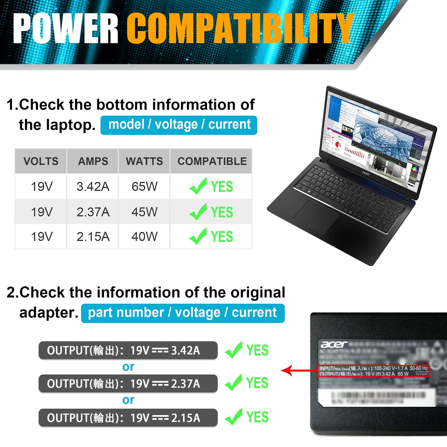 19V 3.42A 65W AC Adapter Laptop Charger for Acer Chromebook 11 13 14 15 R11 CB3 CB5 C740 C720 C720p C738T C731 CB3-532 CB3-131 CB3-111 CB3-531 CB5-571 CB5-311 CB5-132T PA-1650-80 PA-1450-26 Power Cord