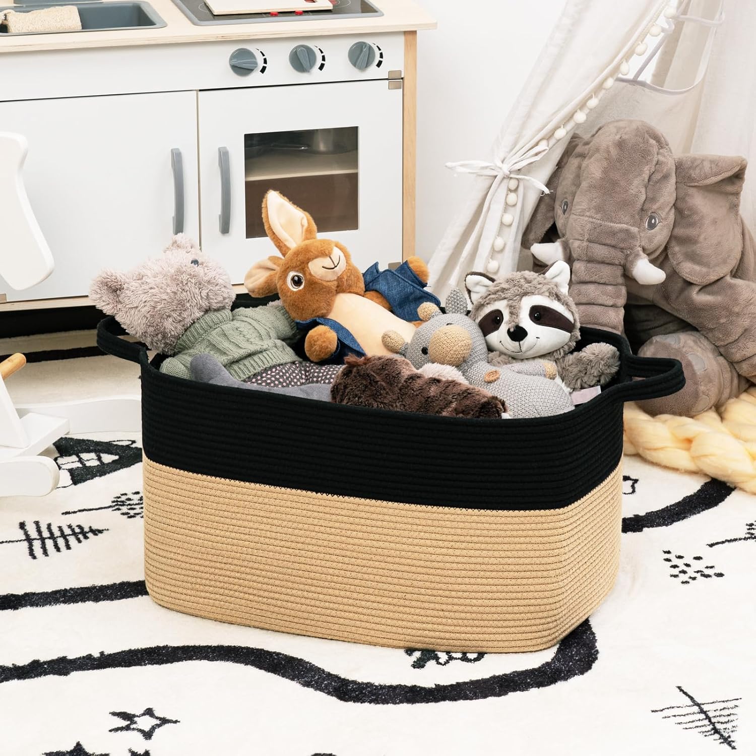 Goodpick Large Woven Blanket Basket, Rectangle, Black & Camel