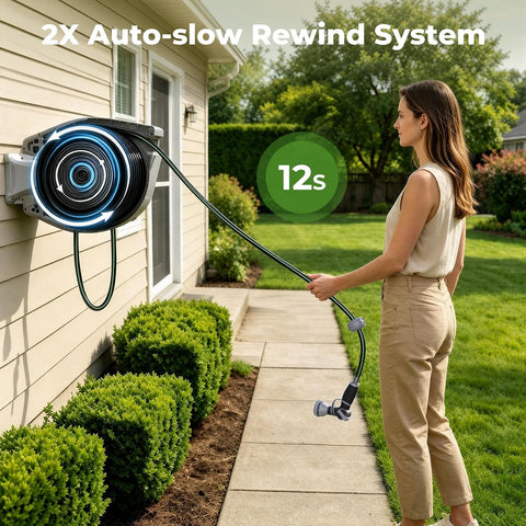 Etoolab Retractable Garden Hose Reel 100+6.6ft x 5/8 in with 9 Spray Nozzle