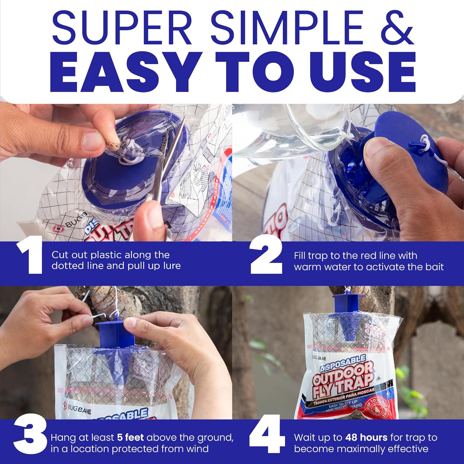 Fly Traps Outdoor Fly Trap for Patio. 4 Large Non-Toxic Pre-Baited Flies Bags Outdoor Disposable. Big Hanging Bug Catchers for All Filth Flies Killer for Outside Bug Control in Yard Horse Ranch.