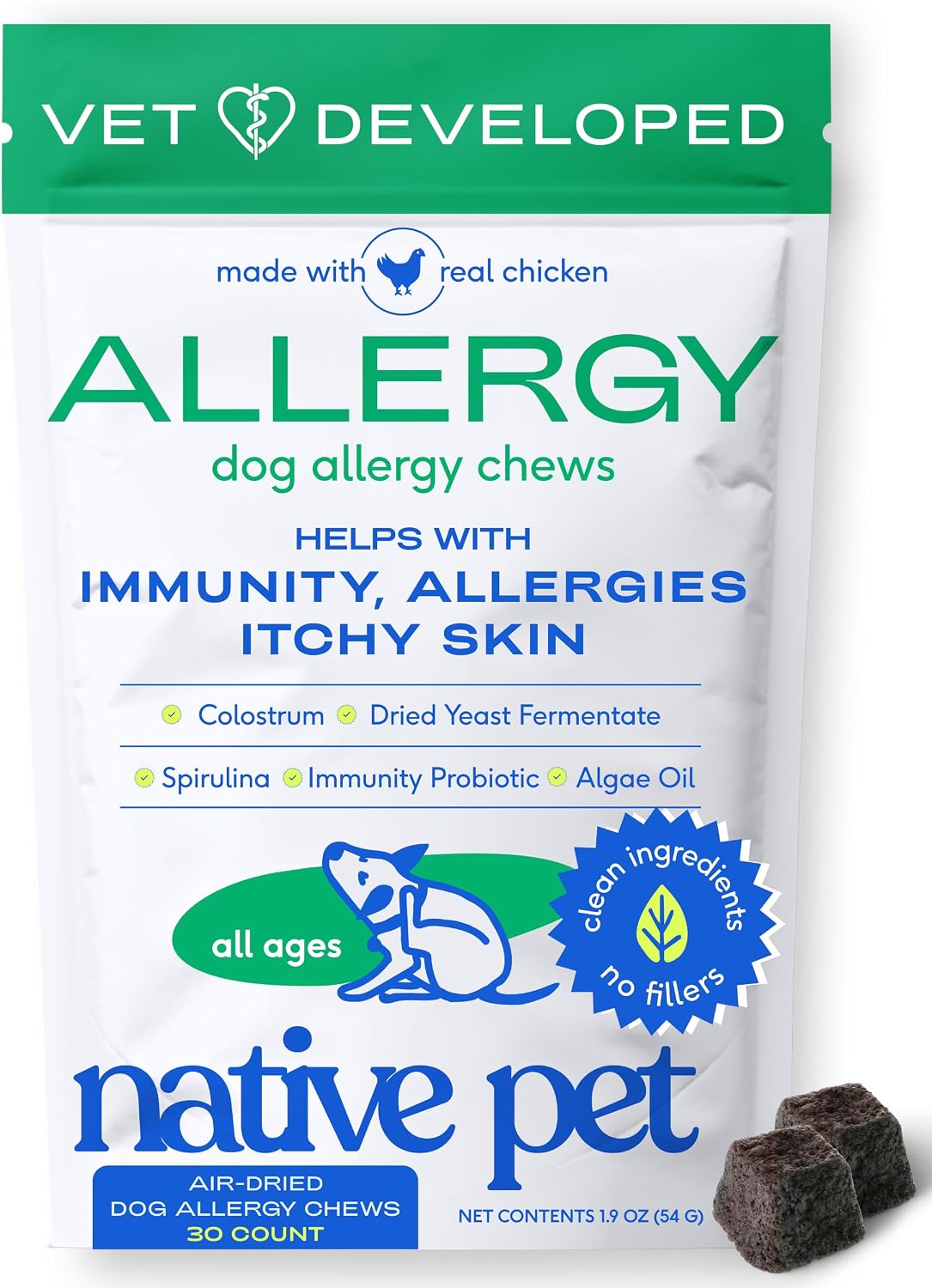 Native Pet Dog Allergy Chews for Medium Breeds - Itchy Skin and Seasonal Itch Support - Colostrum, Probiotics, Spirulina - 30 Chews