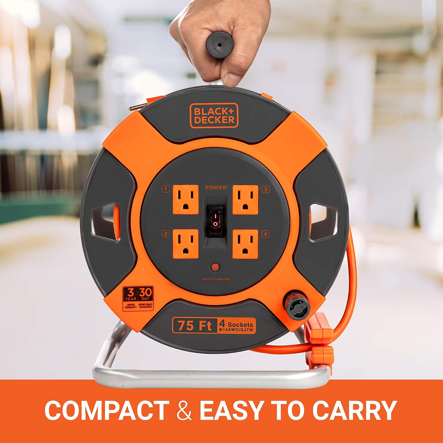 BLACK+DECKER 75 Ft. Retractable Extension Cord Reel, 4 Outlets