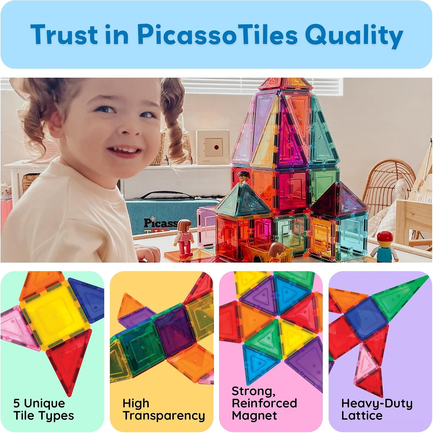 PicassoTiles 60 Piece Magnetic Tiles Clear 3D Building Blocks STEM Ages 3+