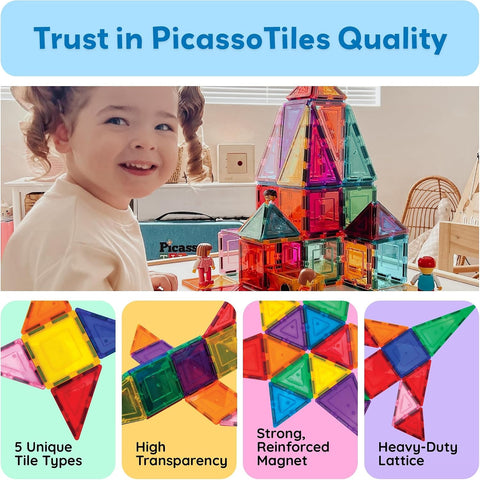 PicassoTiles 60 Piece Magnetic Tiles Clear 3D Building Blocks STEM Ages 3+
