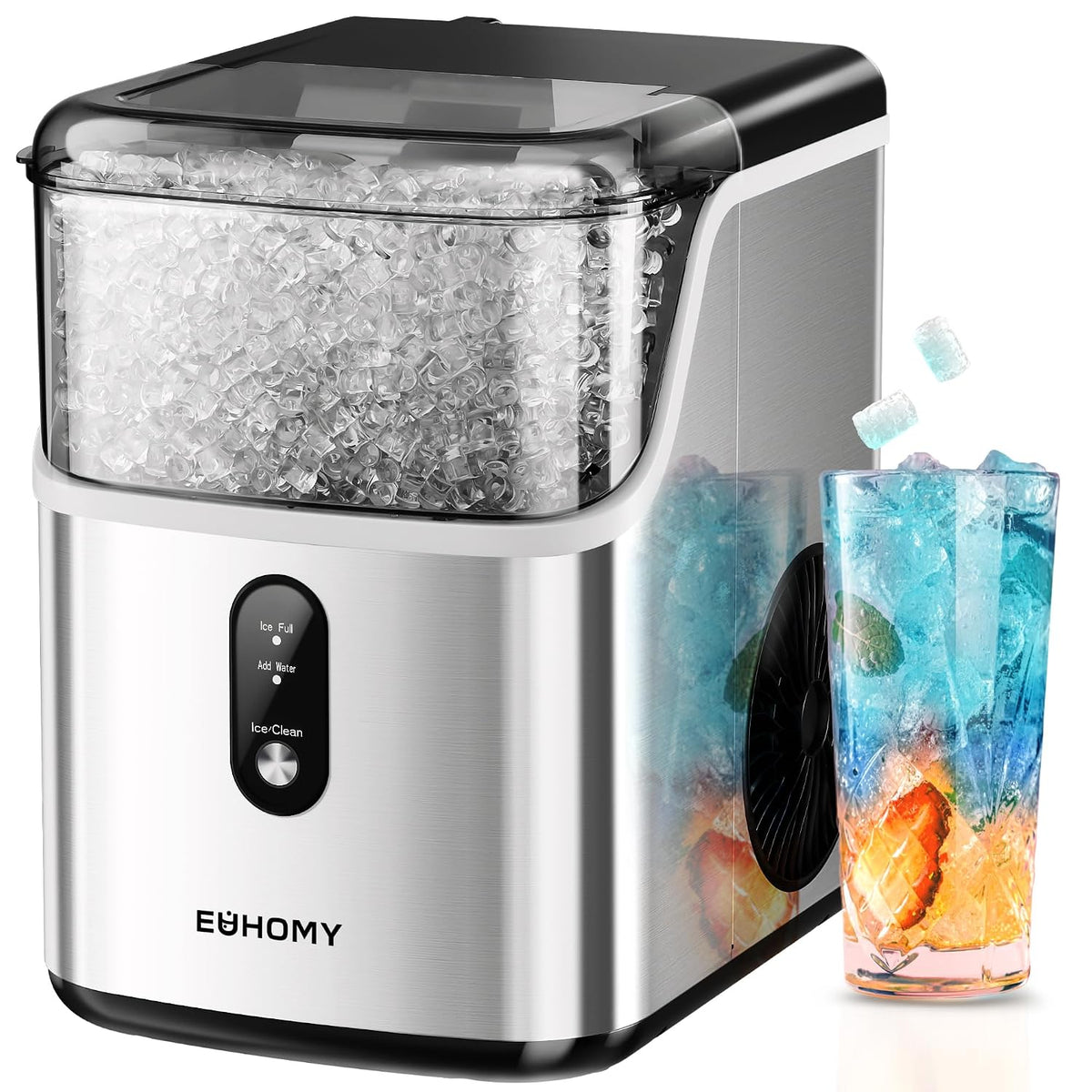 EUHOMY Nugget Ice Maker Countertop, 34lbs/24H, Ready in 7 Mins, Stainless