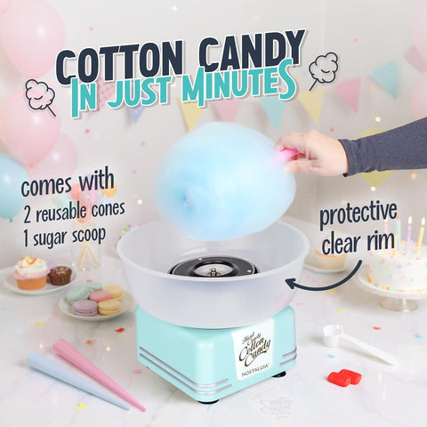 Nostalgia Countertop Cotton Candy Machine – Use Normal or Sugar-Free Candy or Flossing Sugar – Includes 2 Reusable Cones and Measuring Scoop – Aqua