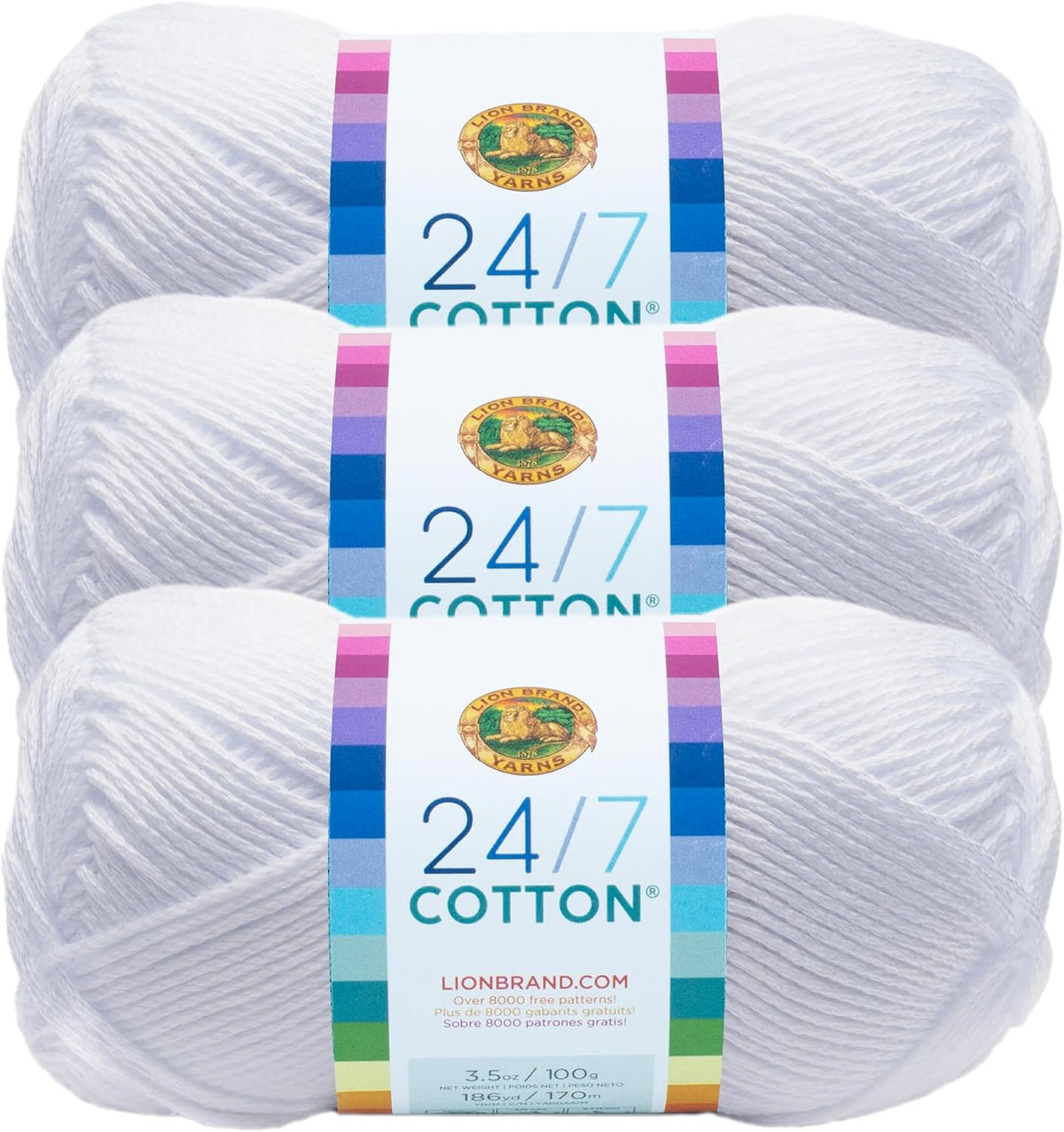 Lion Brand Yarn, 24/7 Cotton Yarn, White, 3 Pack