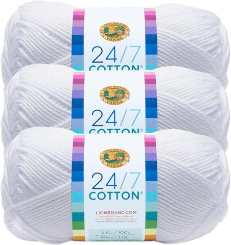 Lion Brand Yarn, 24/7 Cotton Yarn, White, 3 Pack