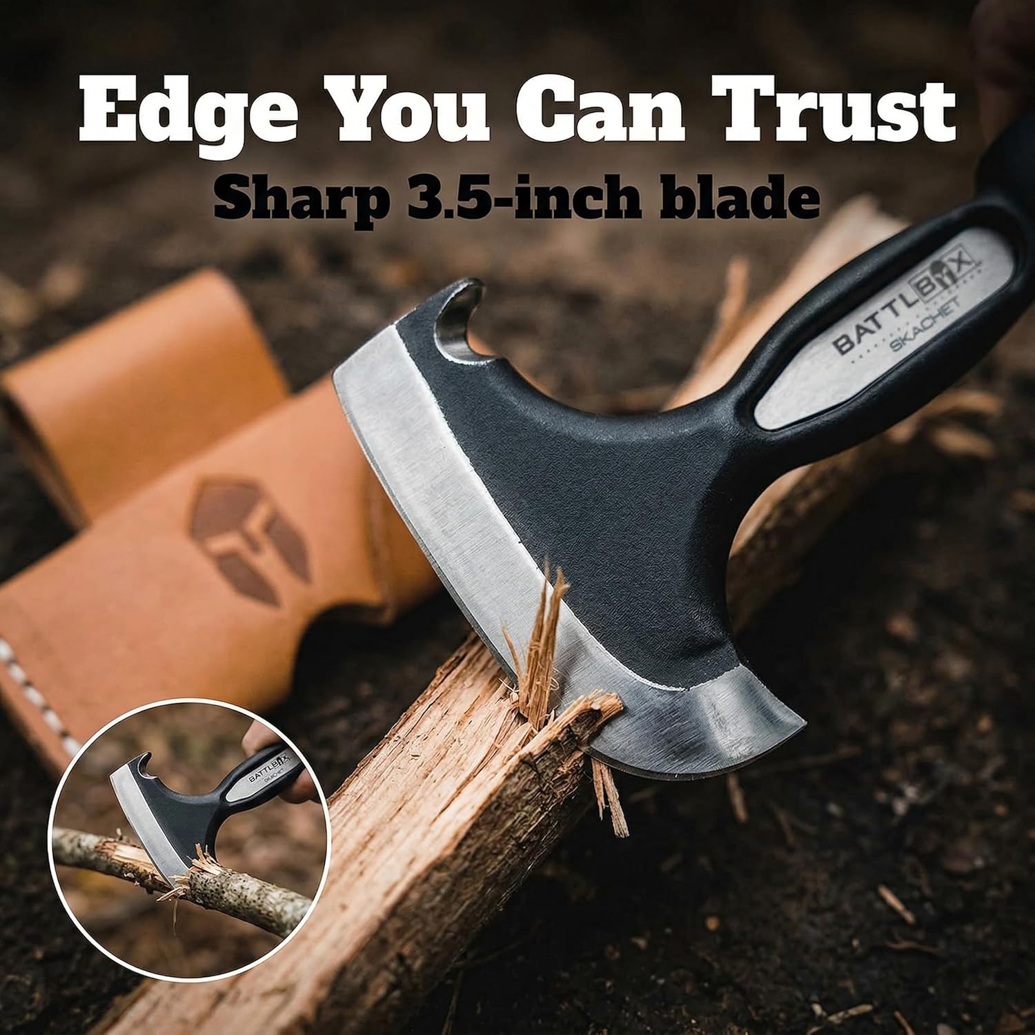 BattlBox Skachet Axe Head Skinner, Carbon Steel Hatchet, Leather Sheath