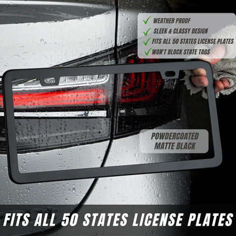 SunplusTrade License Plate Frame Black Matte Powder Coated Aluminum with Screw Caps (2 Pieces)