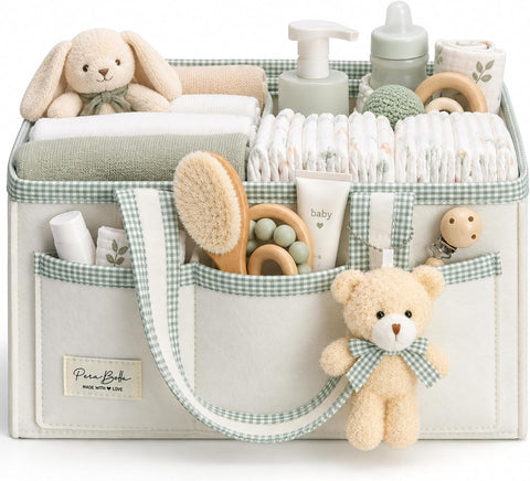 PeraBella Diaper Caddy Organizer with Handle, Baby Shower Gifts Basket Bag, Registry Search Must Haves Items, Nursery Storage Organizer for Newborn Girl Boy, Baby Bag Essentials, Car Diaper Caddy Cart