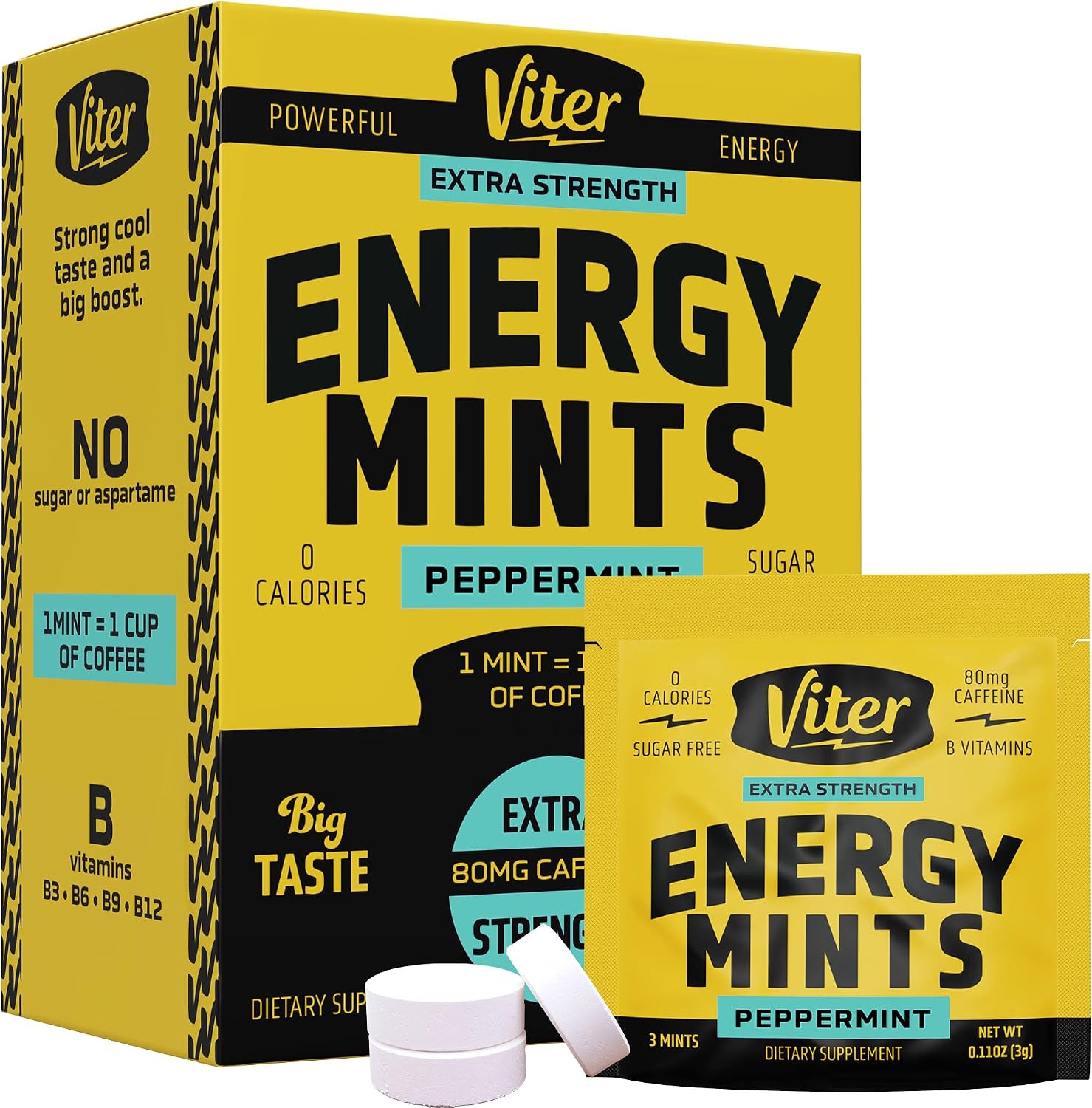 Viter Energy Extra Strength Caffeine Mints 80mg, Peppermint, 30 Sachets