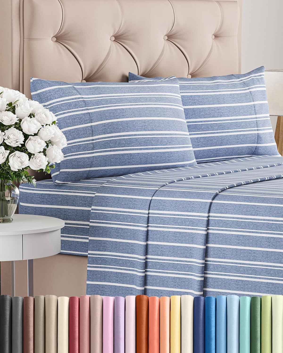 Full Size 4 Piece Sheet Set - Breathable & Cooling Sheets - Blue Stripes