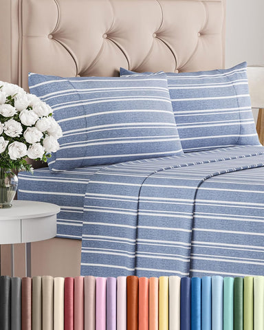 Queen Size 4 Piece Sheet Set - Breathable & Cooling Sheets - Blue Stripes