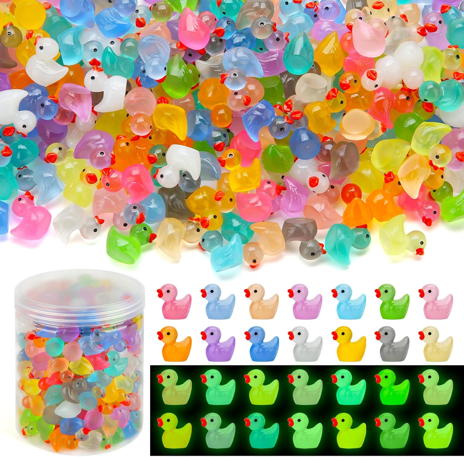 GWAHSA 240pcs Luminous Mini Resin Ducks, Tiny Animals Bulk Glow in The Dark Small Plastic Miniature Ducks Figures for Dollhouse Decor Micro Garden Home Landscape Aquarium Craft Gifts Party Favors Toys