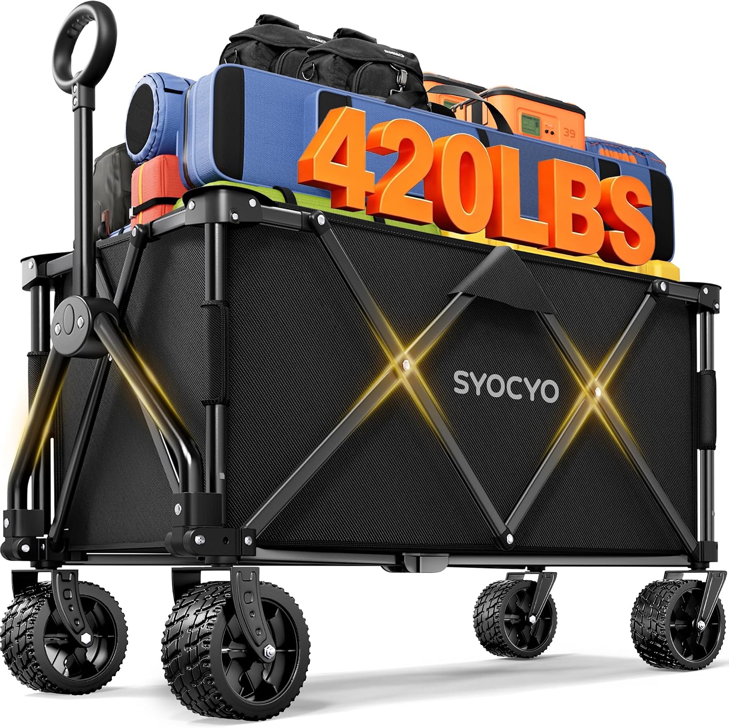 Wagon Carts Foldable 420LBS Weight Capacity Collapsible Wagon with Big All-Terrain Wheels, Heavy Duty Beach Wagons Cart with Cup Holders for Camping, Garden, Sports, Grocery