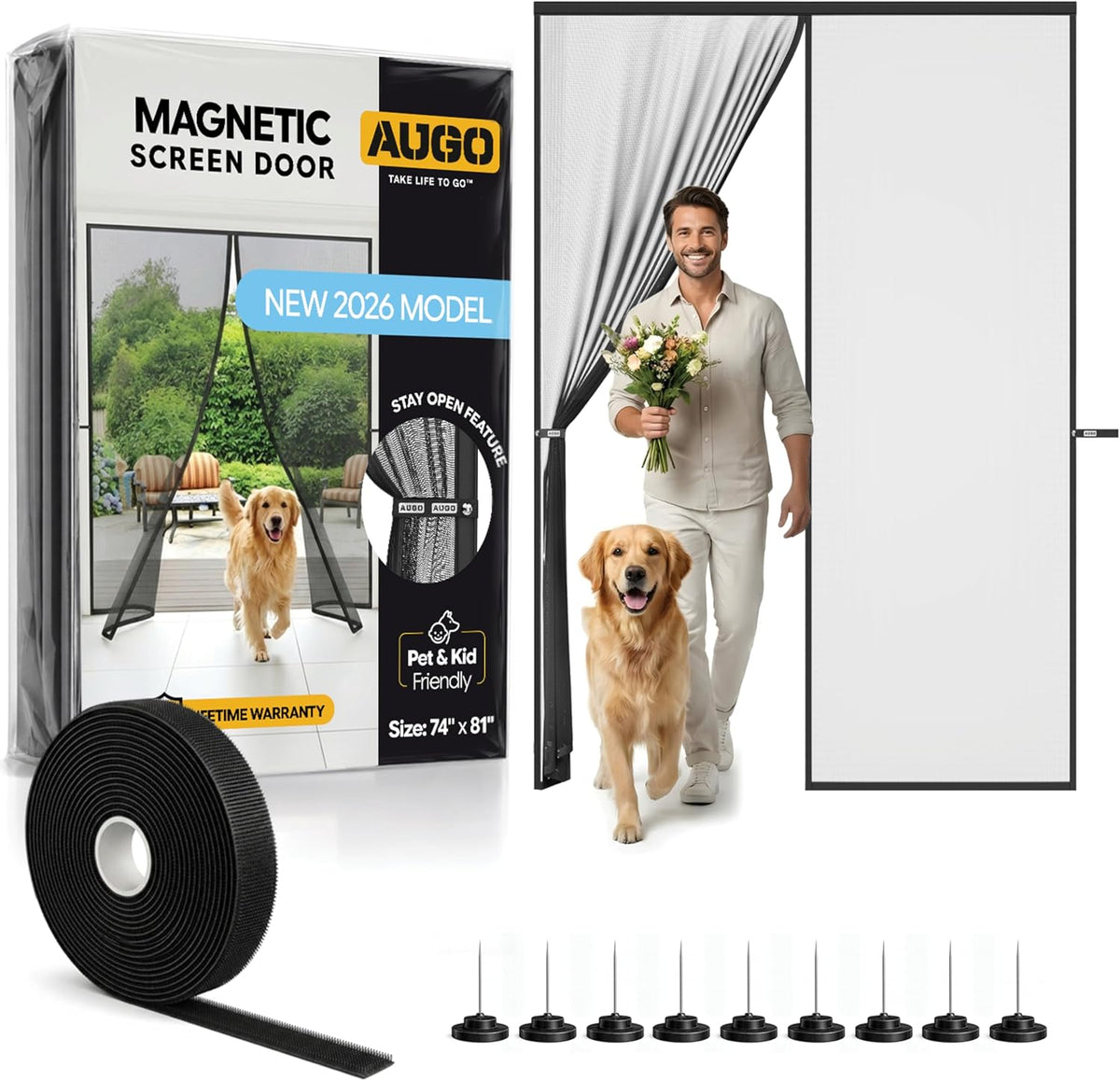 AUGO Magnetic Screen Door - Self Sealing, Heavy Duty, Hands Free Mesh Partition Keeps Bugs Out - Pet and Kid Friendly - Patent Pending Keep Open Feature - 74 Inch x 81 Inch