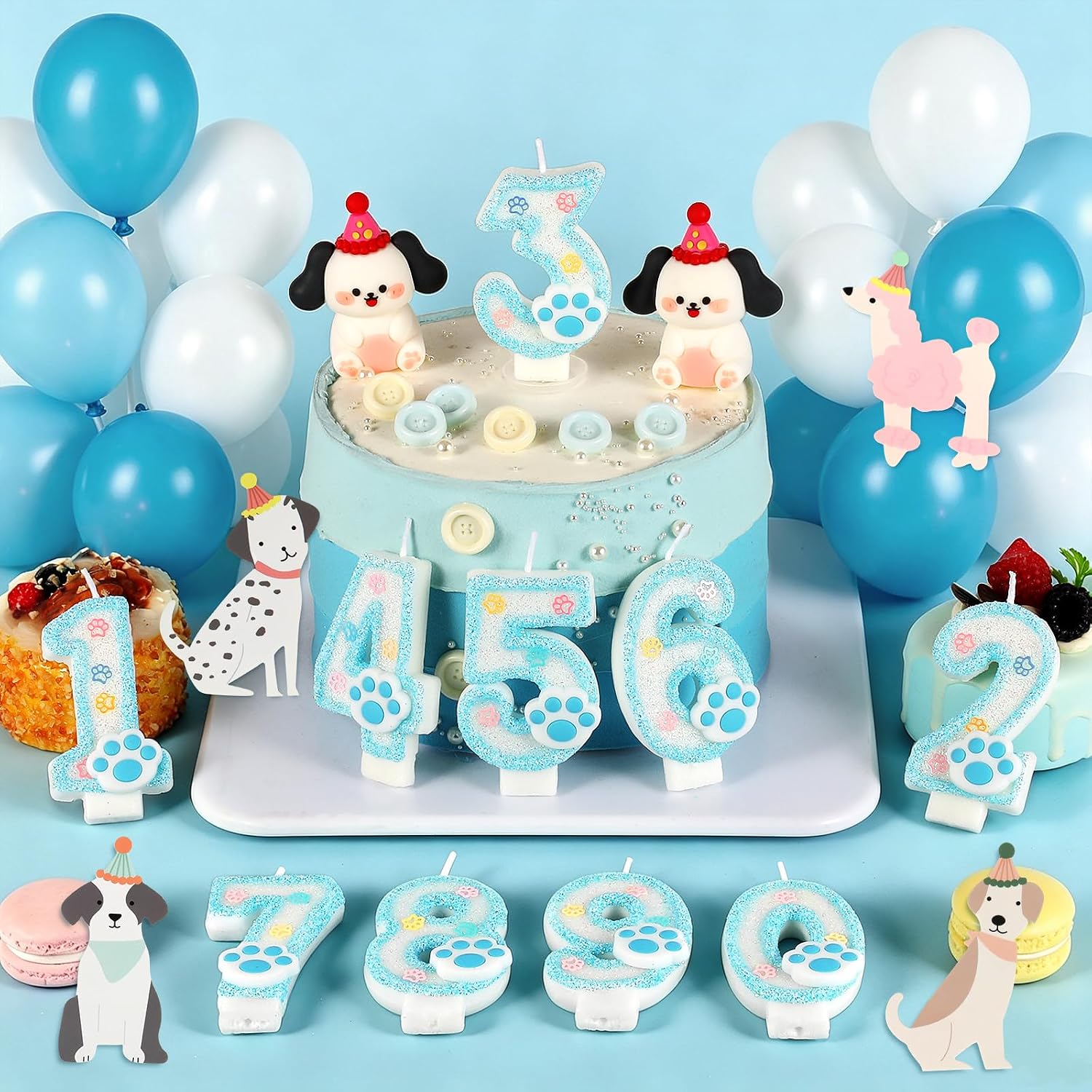 AKURIEEY Dog and Cat 3rd Birthday Candle Blue Paw Numbers 3 Candle