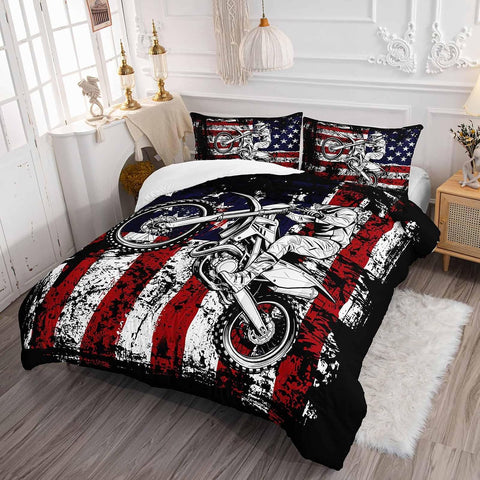 Axolotl Dirt Bike Comforter Set Twin, American Flag Bedding Set, Motocross Comforter,White Red Stripes Stars Bedding, Motorcycle Racer Quilt for Boys Kids Teens Men, 1 Dirt Bike Quilt 2 Pillowcases