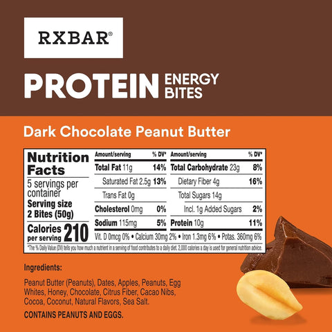 RXBAR Protein Energy Bites, 8g Protein, Gluten Free Energy Snacks, Protein Snacks, Dark Chocolate Peanut Butter (6 Boxes, 60 Bites)