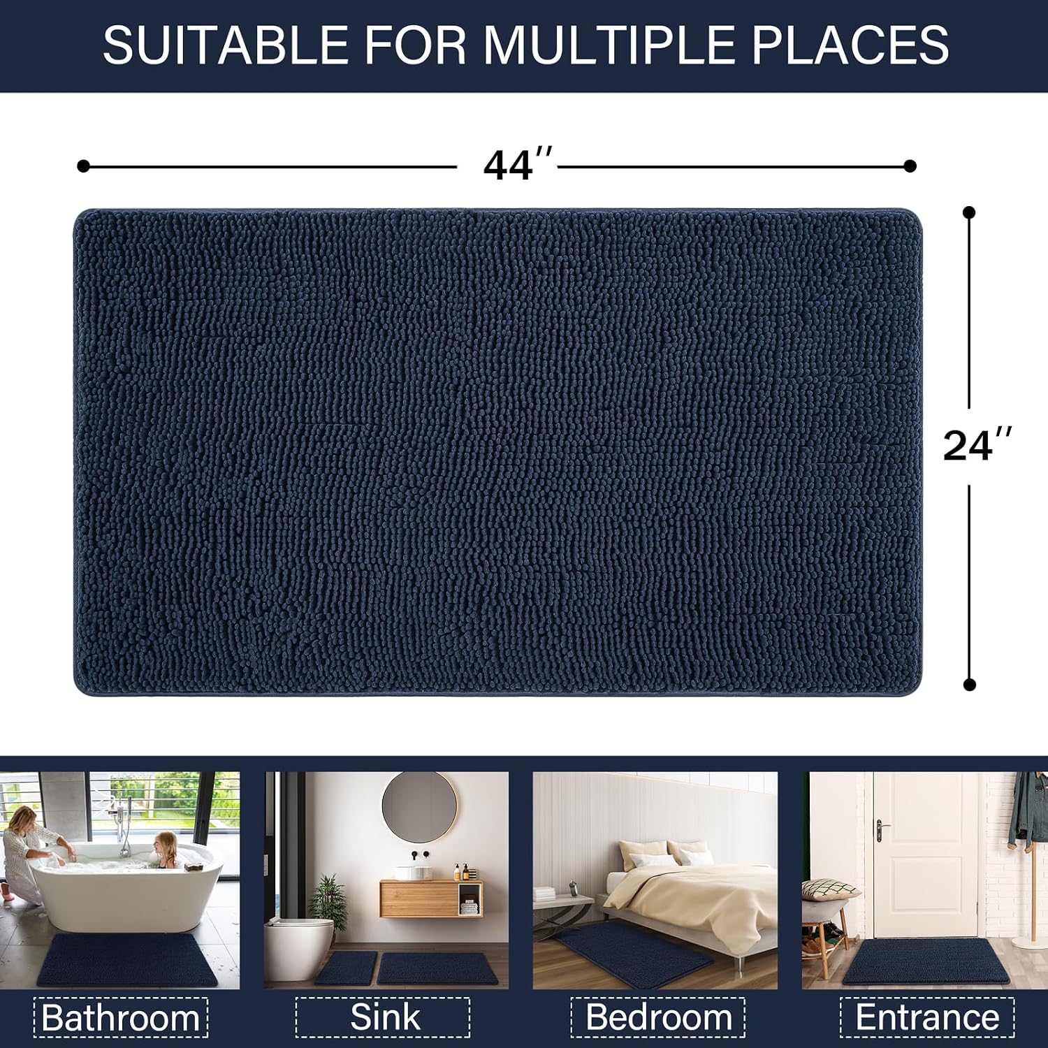 LOCHAS Luxury Bathroom Rug Shaggy Bath Mat 24 x 44 Inch, Navy