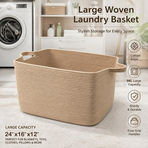 96L Woven Laundry Basket with Handles, Extra Blanket Basket,Jute
