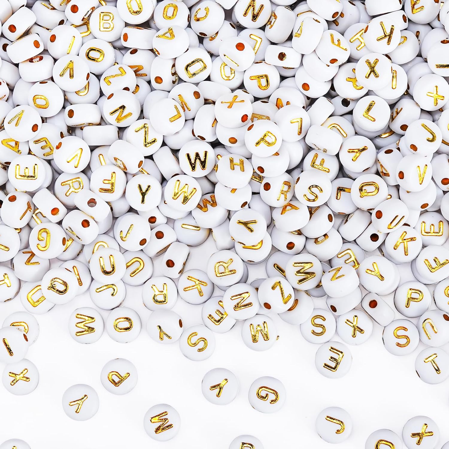 Gionlion 1200+Pcs Round Letter Beads for Bracelet Making, Acrylic Alphabet Beads for Jewelry Making, DIY Friendship Bracelets with 4x7mm White Beads with Gold Letters
