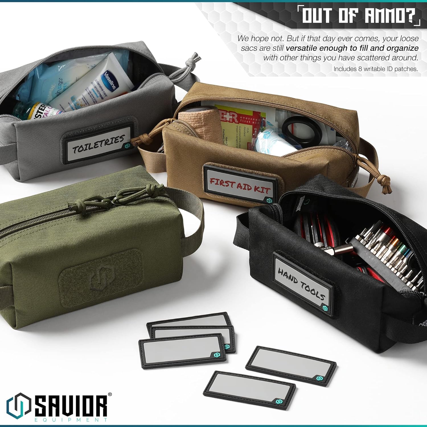 Savior Equipment Loose Sacs 4-Pack Tactical Ammo Pouch Firearm Ammunition Carrier Bag, ID Patches Included, Rifle Carbine Pistol Revolver Ammos Case Shooting Range Gear