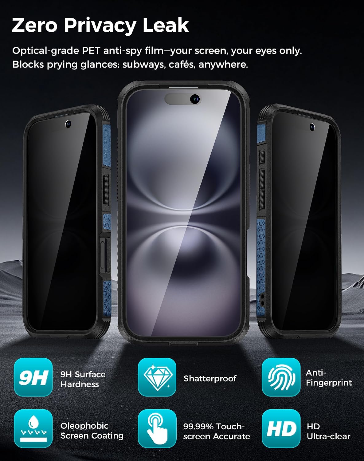 Goton 3 in 1 for iPhone 16 Case with Privacy Screen Protector Blue