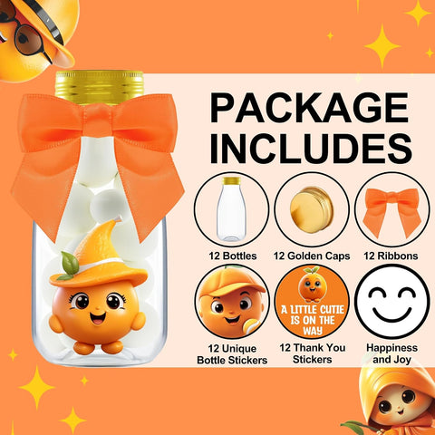 Ethisa Small 12 Pack Little Cutie Baby Shower Party Favors - Candy Jars with Ribbons and Stickers - DIY Party Decoration Bottles for Little Cutie is on the Way Gender Reveal - Orange Table Centerpiece