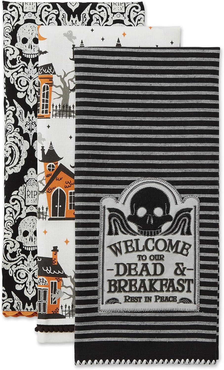 DII Happy Halloween Dishtowel Collection Embellished Cotton Kitchen Hand Towel Set, 18x28, Skull Damask/Haunted House, 3 Count