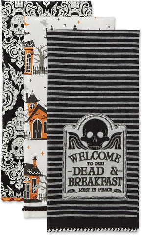DII Happy Halloween Dishtowel Collection Embellished Cotton Kitchen Hand Towel Set, 18x28, Skull Damask/Haunted House, 3 Count