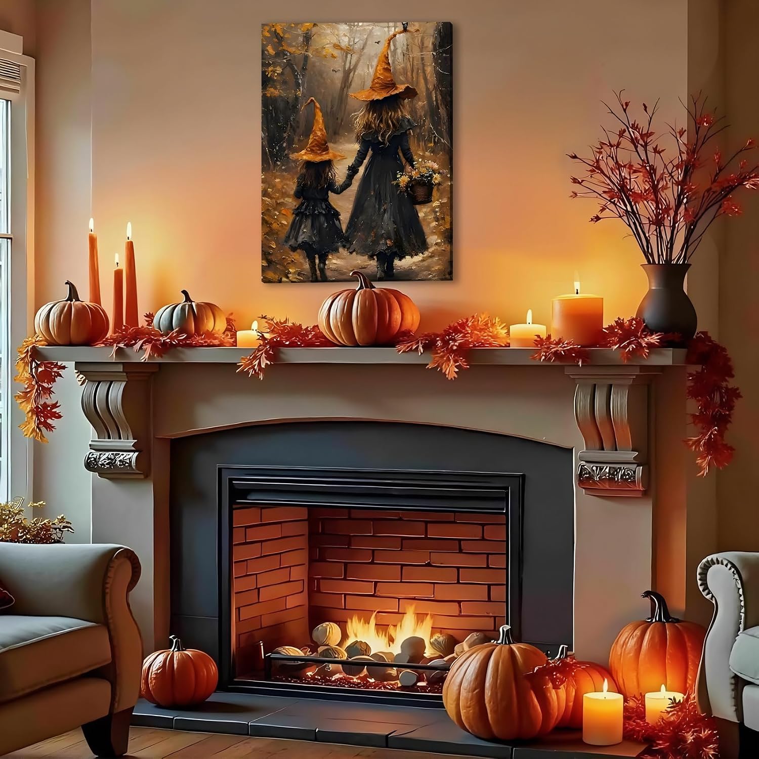 Halloween Witch Framed Canvas Art 16x24, Two Cute Witches in the Autumn Scene Forest Poster, Fall Pictures Wall Decor Prints for Living Room, Bedroom, Perfect Festive Home Decorations