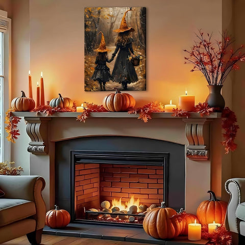 Halloween Witch Framed Canvas Art 16x24, Two Cute Witches in the Autumn Scene Forest Poster, Fall Pictures Wall Decor Prints for Living Room, Bedroom, Perfect Festive Home Decorations
