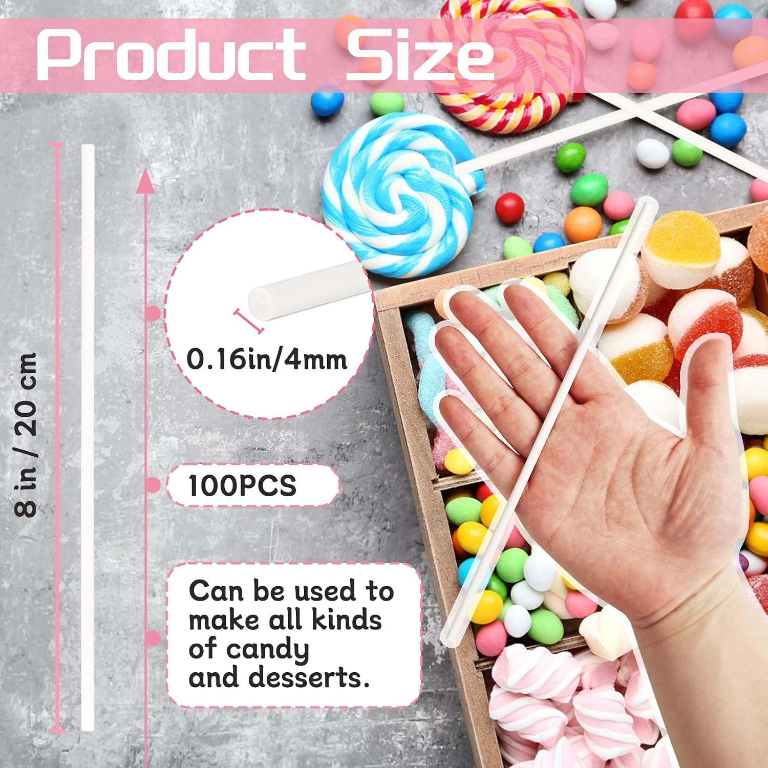 100 Pack 8 Inch White Lollipop Sticks,Long Paper Treat Sticks,White Paper Cake Pop Stick for Homemade Candy,Cupcake Toppers,Chocolate,Dessert (Dia 4mm)