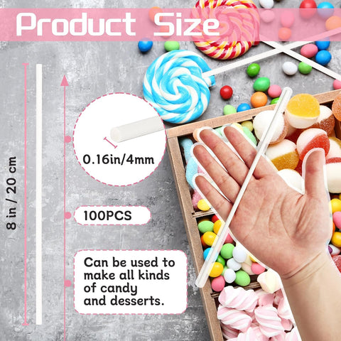 100 Pack 8 Inch White Lollipop Sticks,Long Paper Treat Sticks,White Paper Cake Pop Stick for Homemade Candy,Cupcake Toppers,Chocolate,Dessert (Dia 4mm)