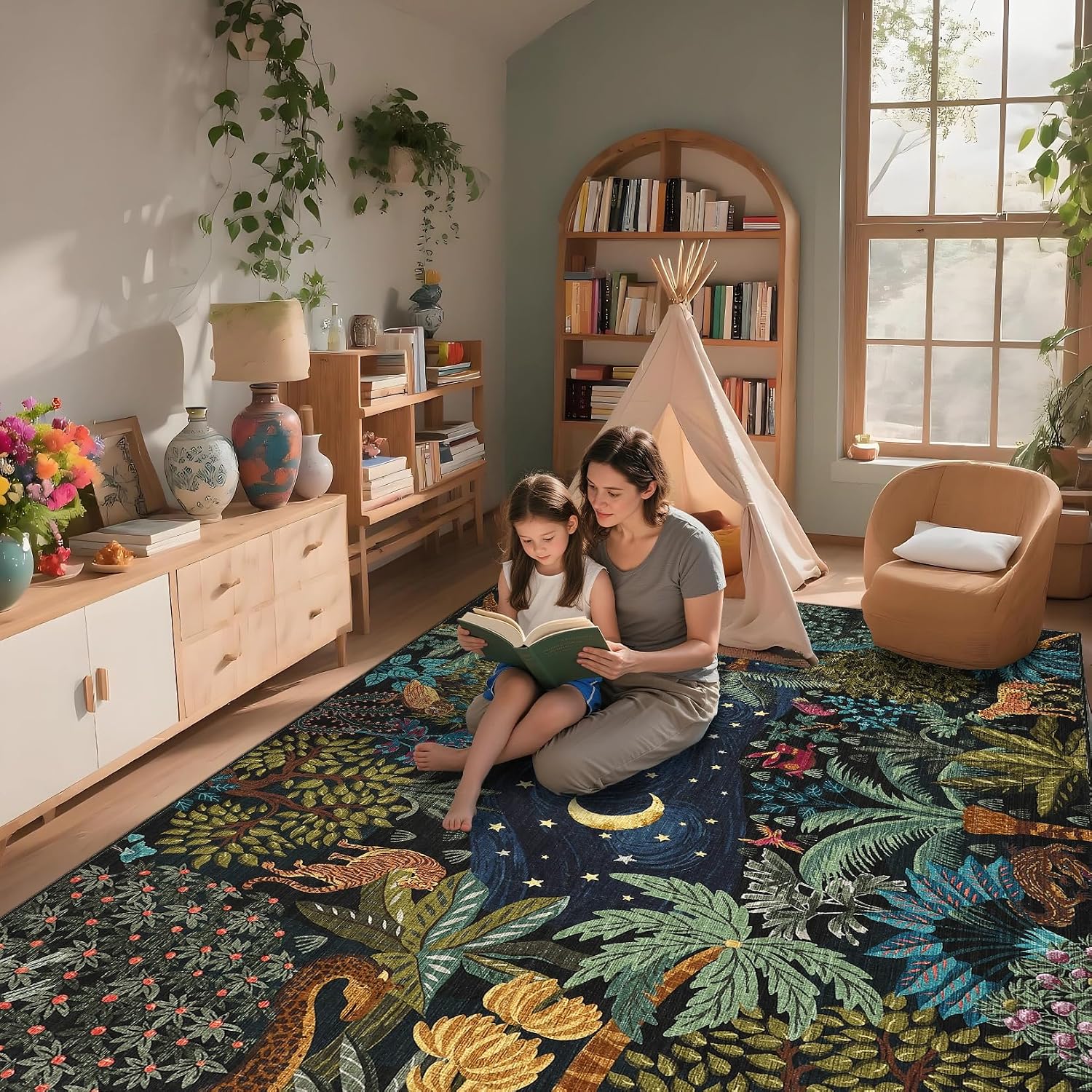 GarveeHome Area Rugs 8x10 for Living Room, Jungle Animal Large Washable Rug Soft Non Slip Backing Floor Mat Carpet Indoor Thin Accent Rug for Bedroom Dining Room Playroom Nursery Home Decor