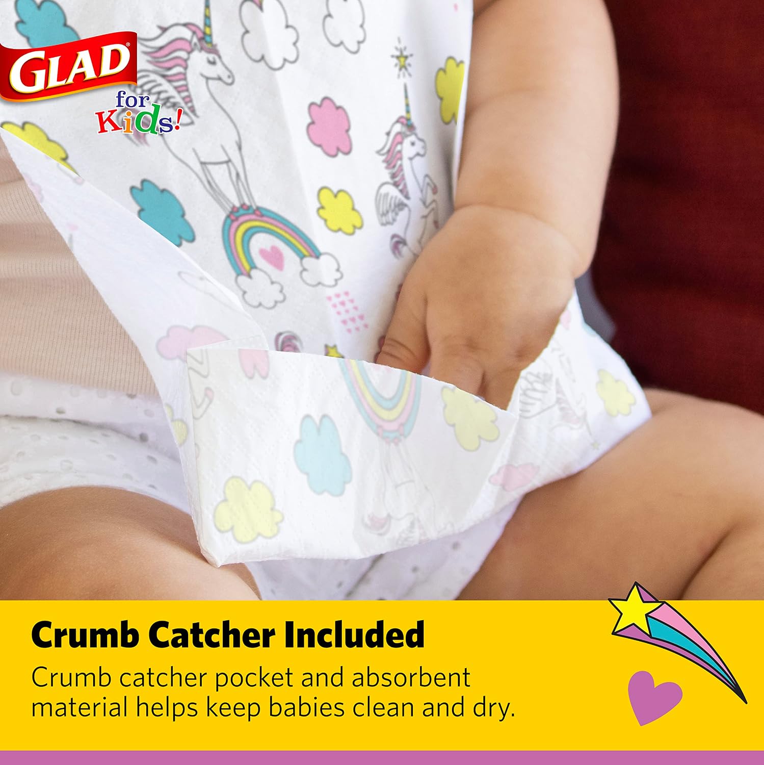 Glad for Kids Disposable Paper Bibs with Crumb Catcher, Unicorns, 30 Count