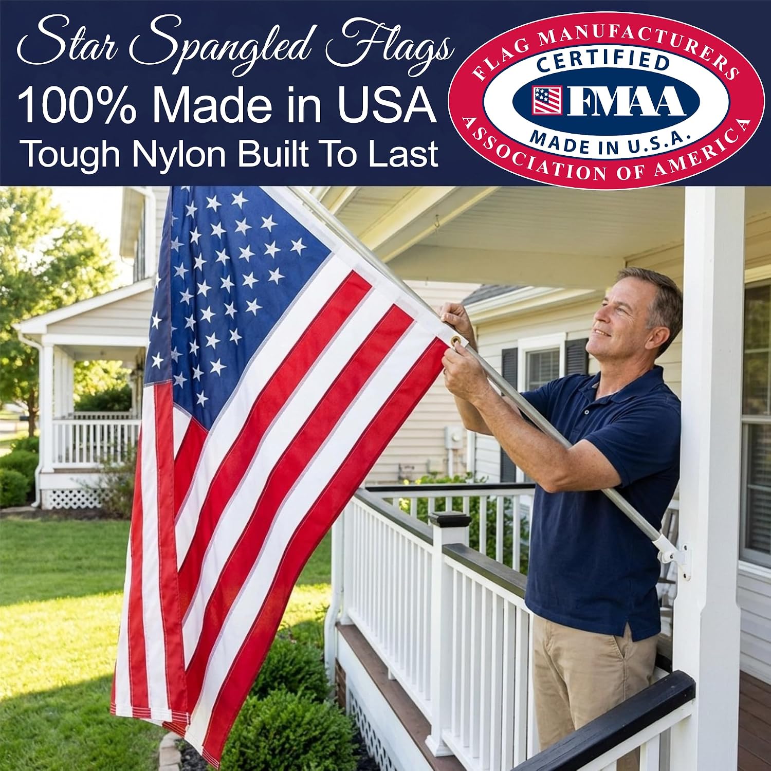 American Flag Made in USA 100% | 3x5 American Flags for Outside | US Flag 3x5 Heavy Duty Outdoor Nylon Featuring Embroidered Stars and Sewn Stripes plus Extra Quadruple Stitching on Fly End