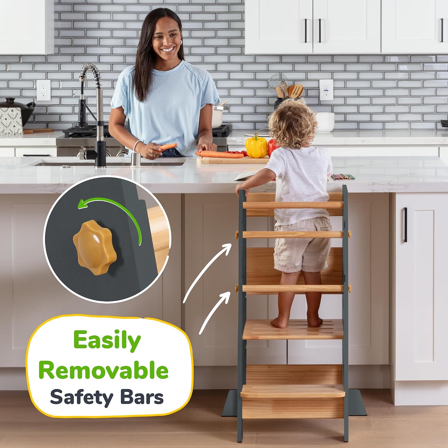 Toddler Standing Tower with 3 Safety Bars - Kitchen Stool Helper - Gray
