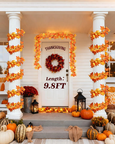 9.8FT 60LED Fall Garland with Lights, 8 Lighting Modes, Battery Powered Maple Leaves String Lights, Fall Decorations for Autumn, Thanksgiving, Halloween, Home Room, Indoor Outdoor