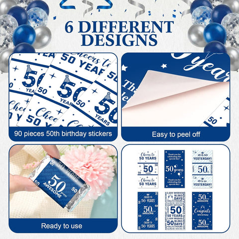 Tenare 90 Pcs 50th Birthday Candy Wrappers, Blue and Silver Stickers